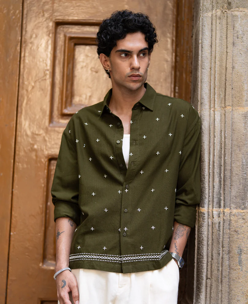 printed Olive Embroidered Lightweight Shirt