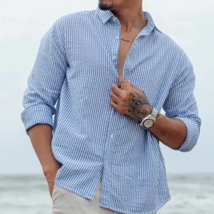 Blue and White Regular fit Striped Full Sleeves Shirt