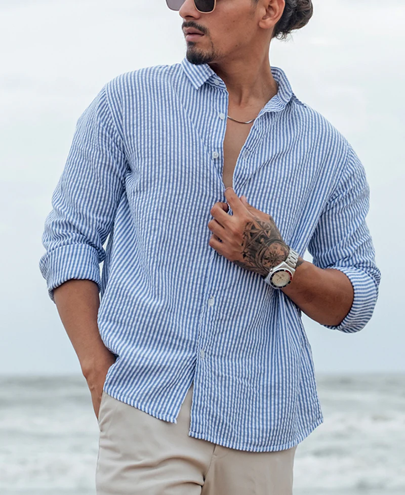 casual Blue and White Regular fit Striped Full Sleeves Shirt