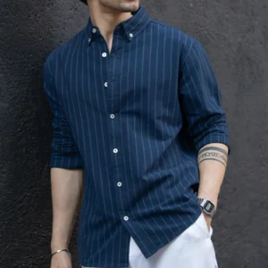 Navy Oxford Stripe Shirt 100% Cotton