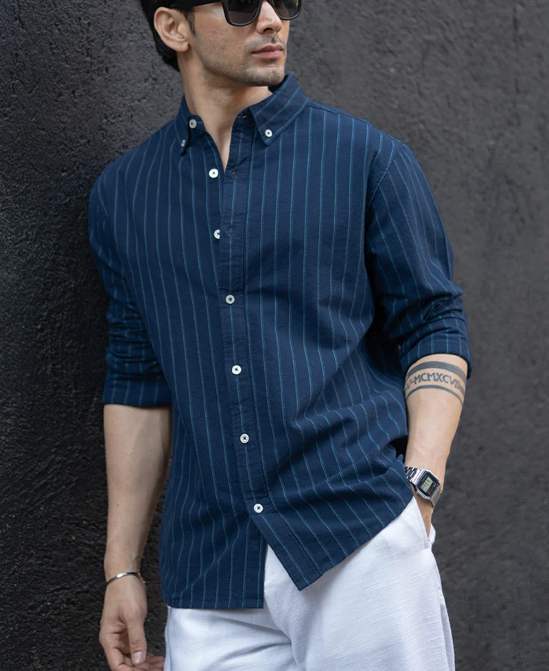 casual Navy Oxford Stripe Shirt 100% Cotton