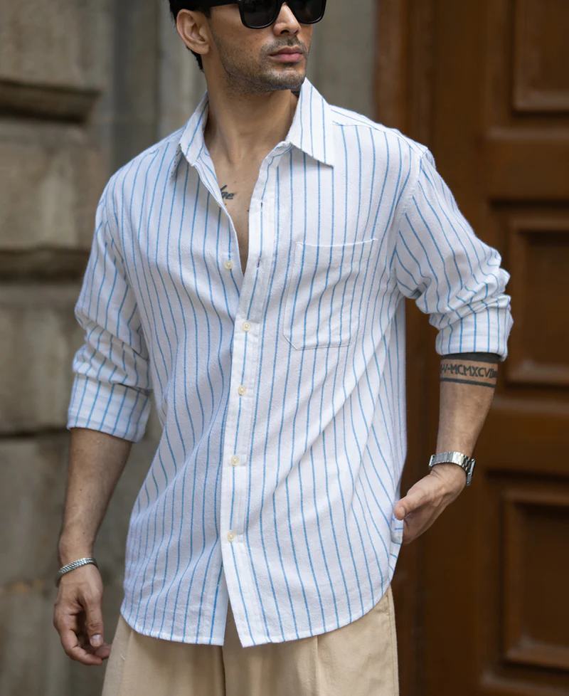 linen Blue Stripe Linen Blend Shirt