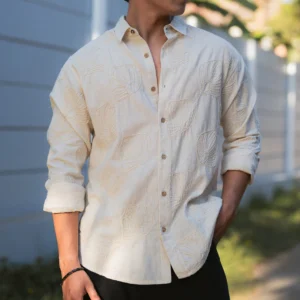 Natural Linen Blend Embroidered Shirt