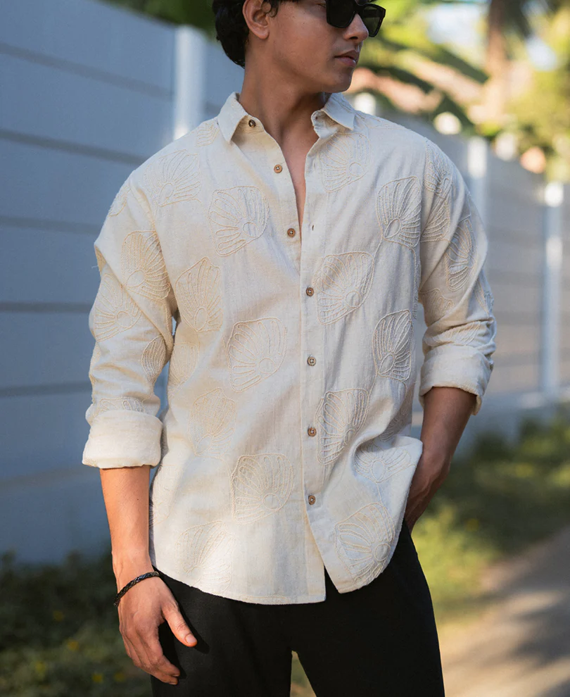 linen Natural Linen Blend Embroidered Shirt