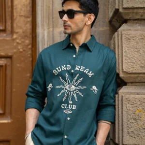 Teal Blue Embroidered Shirt 100% Cotton